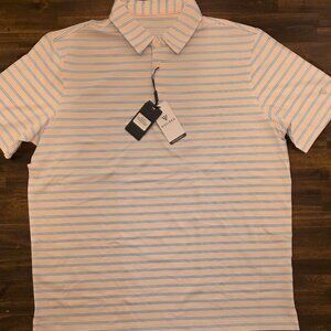 Maelreg Men's Golf Polo Shirt Large Pink Blue Stripe Performance NWT